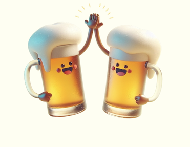 Two glasses of beer smiling and high fiving.
